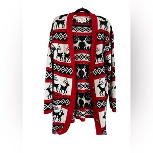Merry Christmas From V28 Long Button Front Red/Black Reindeer Cardigan Sz L